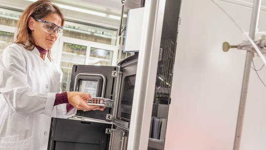 Eine Mitarbeiterin des Gesundheitsamtes entnimmt etwas aus einem Laborschrank