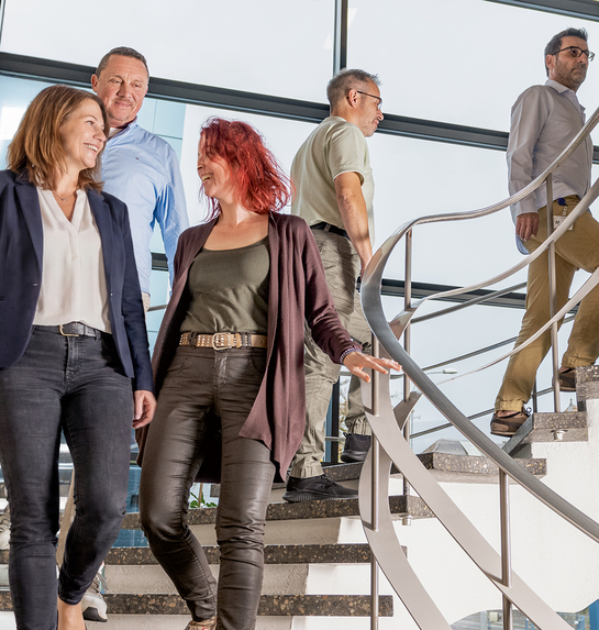 Eine Gruppe von Arbeitskolleginnen und Arbeitskollegen laufen eine Wendeltreppe hinab