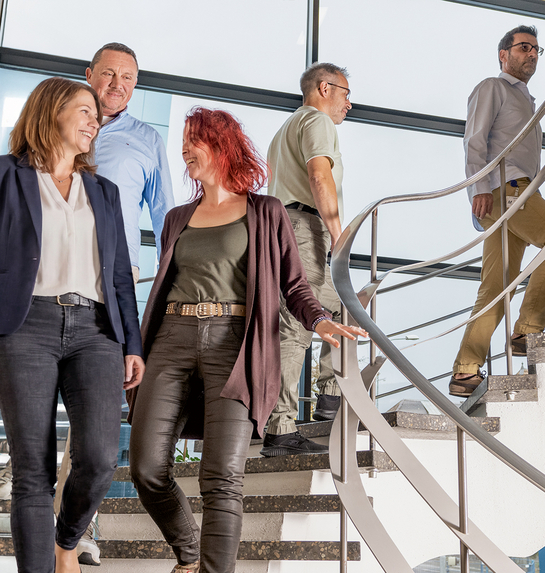Eine Gruppe von Arbeitskolleginnen und Arbeitskollegen laufen eine Wendeltreppe hinab