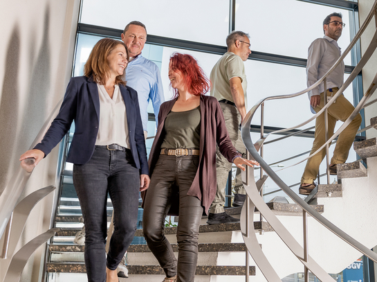 Eine Gruppe von Arbeitskolleginnen und Arbeitskollegen laufen eine Wendeltreppe hinab